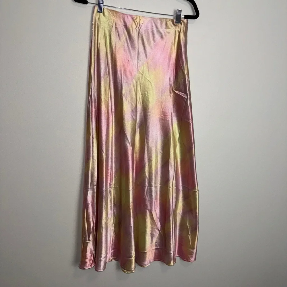 Micas‎ Pastel Tie-Dye Satin High wasited Midi Skirt Multicolor Flowy Large